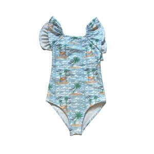 Dear Georgie One Piece Swimsuit Kids Blue Tropical‎ Ruffle Sleeve SIZE 5Y